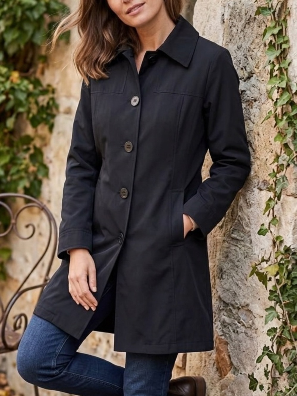 Vintage Esprit Black Button-Front Car Coat / Lightweight Rain Jacket woman’s med